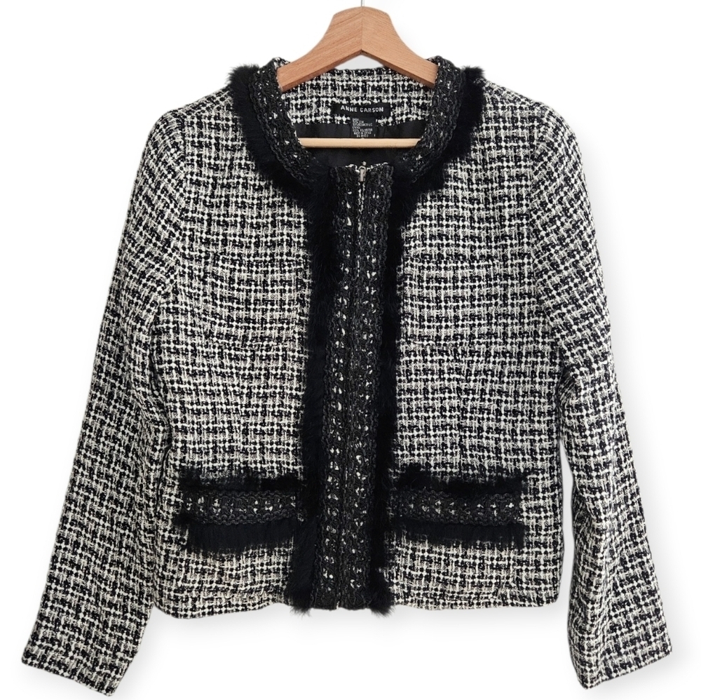 Anne Carson Silk Tweed Blazer Intricate Faux Fur Trim and Patch Pockets Small